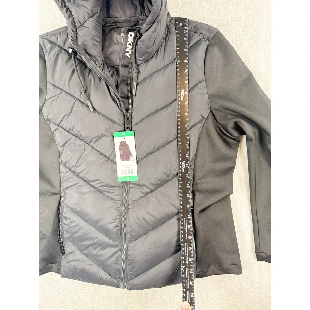 DKNY Womens Mixed Media Hooded Puffer Jacket Black XL 1889464